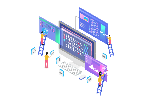 Miniature web developers maintaining the website isometric design for teamwork or Web Developing concept.